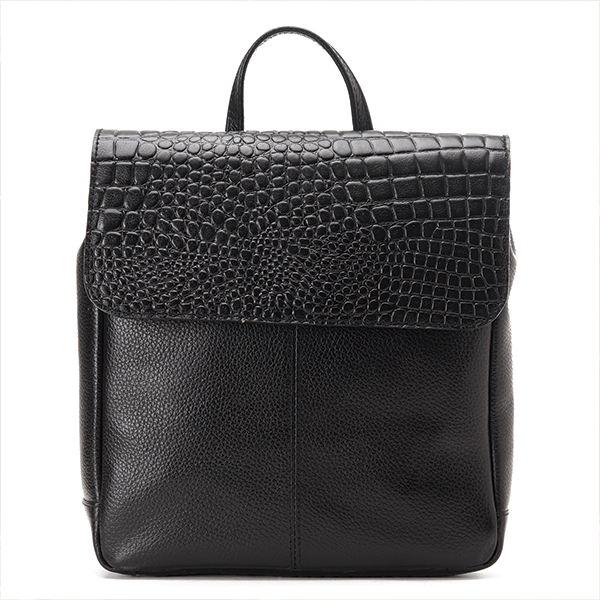 Black Croc Leather Flap Backpack
