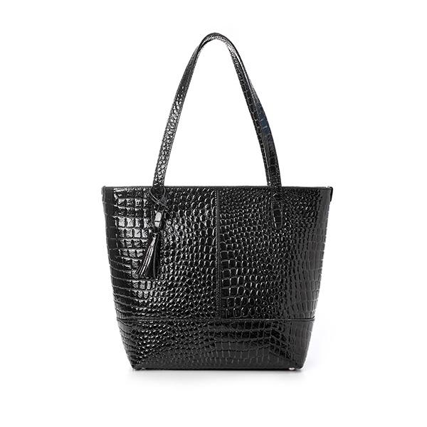 Black Croc Vernis Tassel Tote Bag